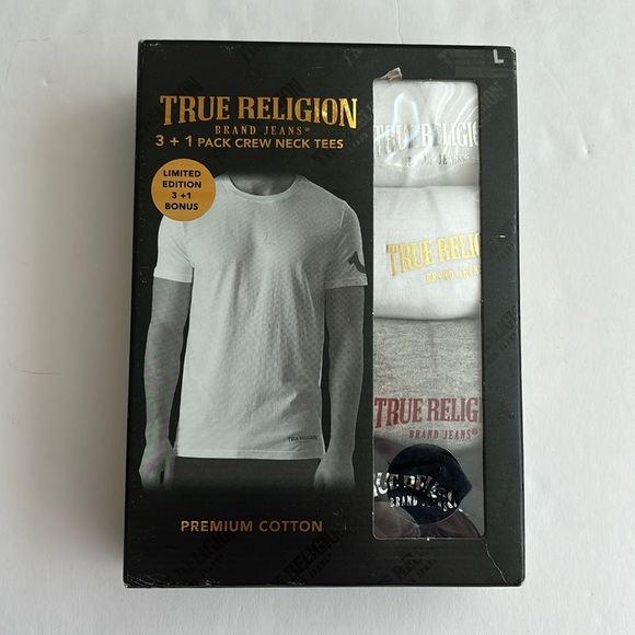 True Religion Limited Edition 3 + 1 pack bonus crew neck tees Large 100% Cotton - Picture 1 of 5